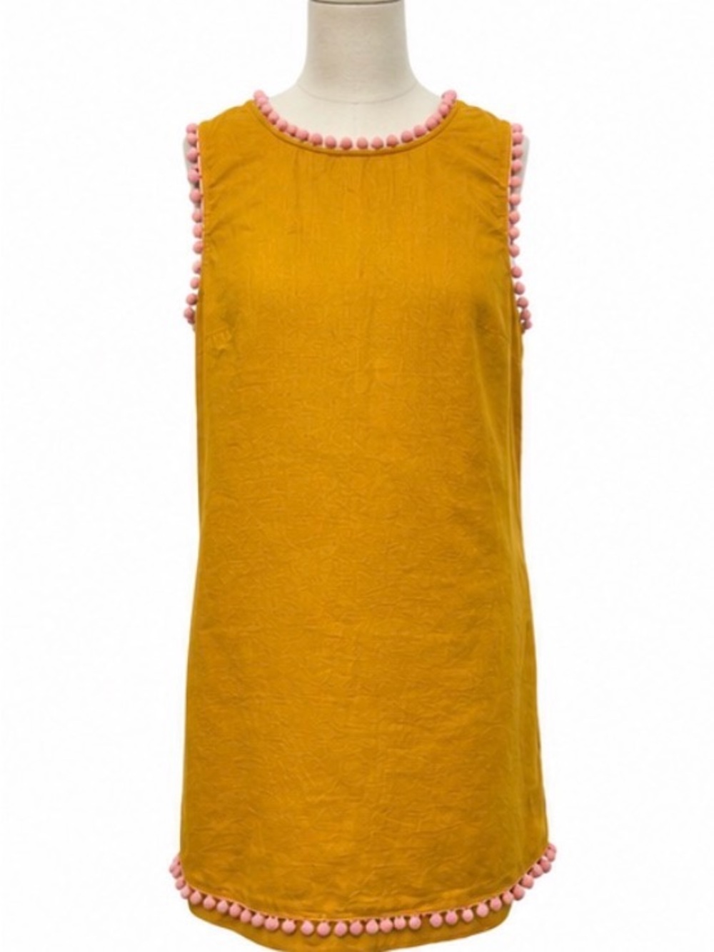Boden Linen Shift Dress Mustard Yellow Pink Pom Pom Trim Size 10L